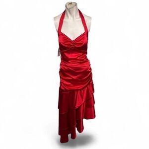 Junko Red Satin Ruffle Halter Dress
